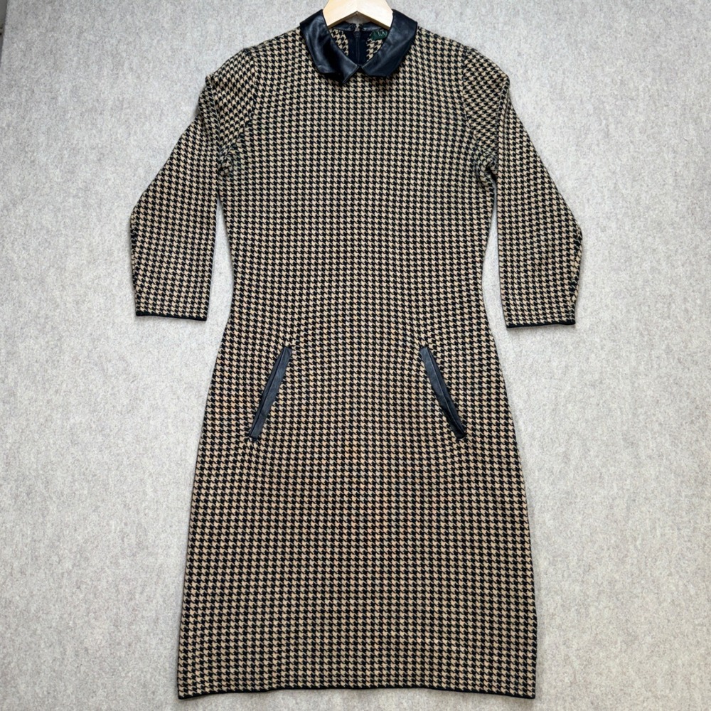 Lauren Ralph Lauren Houndstooth Dress Sz S Tan Black Old Money Academic Preppy